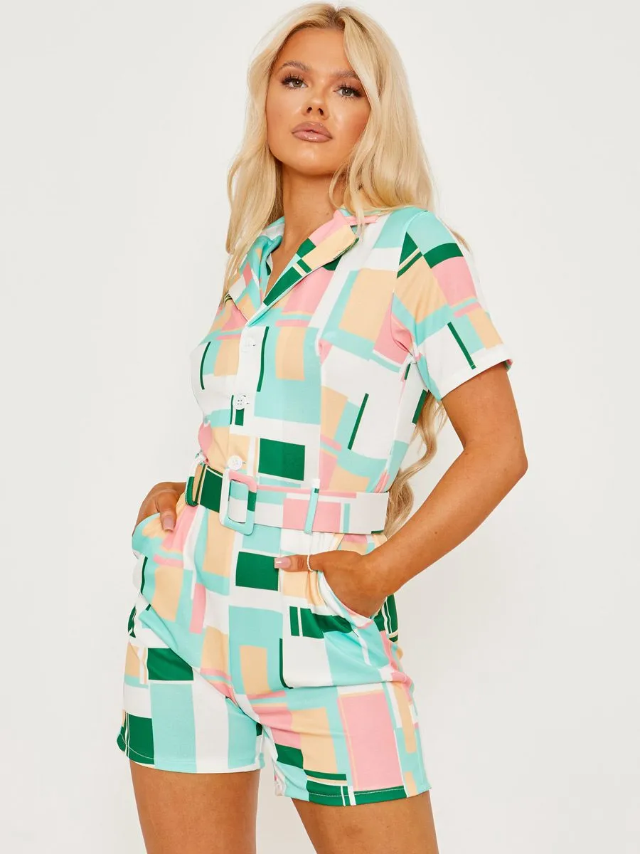 Georgia Geo Print Blazer Style Belted Playsuit In Mint