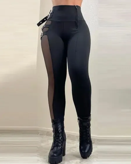 High Waist Pants with Mesh Patches & Buckles