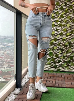 High-waist Ripped Blue Jeans