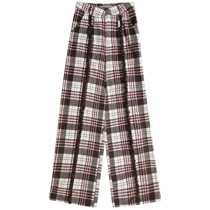 High Waist Slim Straight Leg Tweed Pants