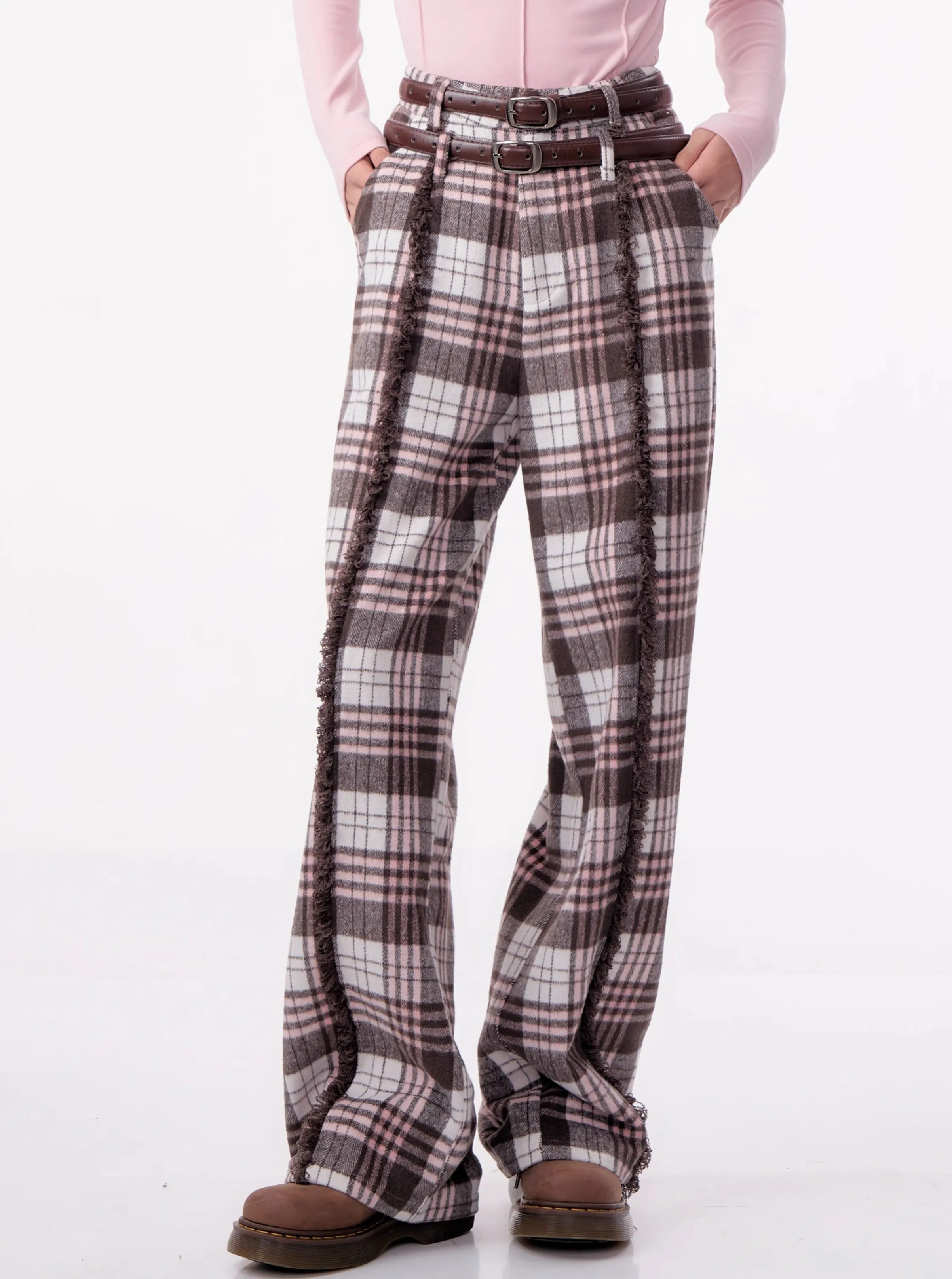 High Waist Slim Straight Leg Tweed Pants