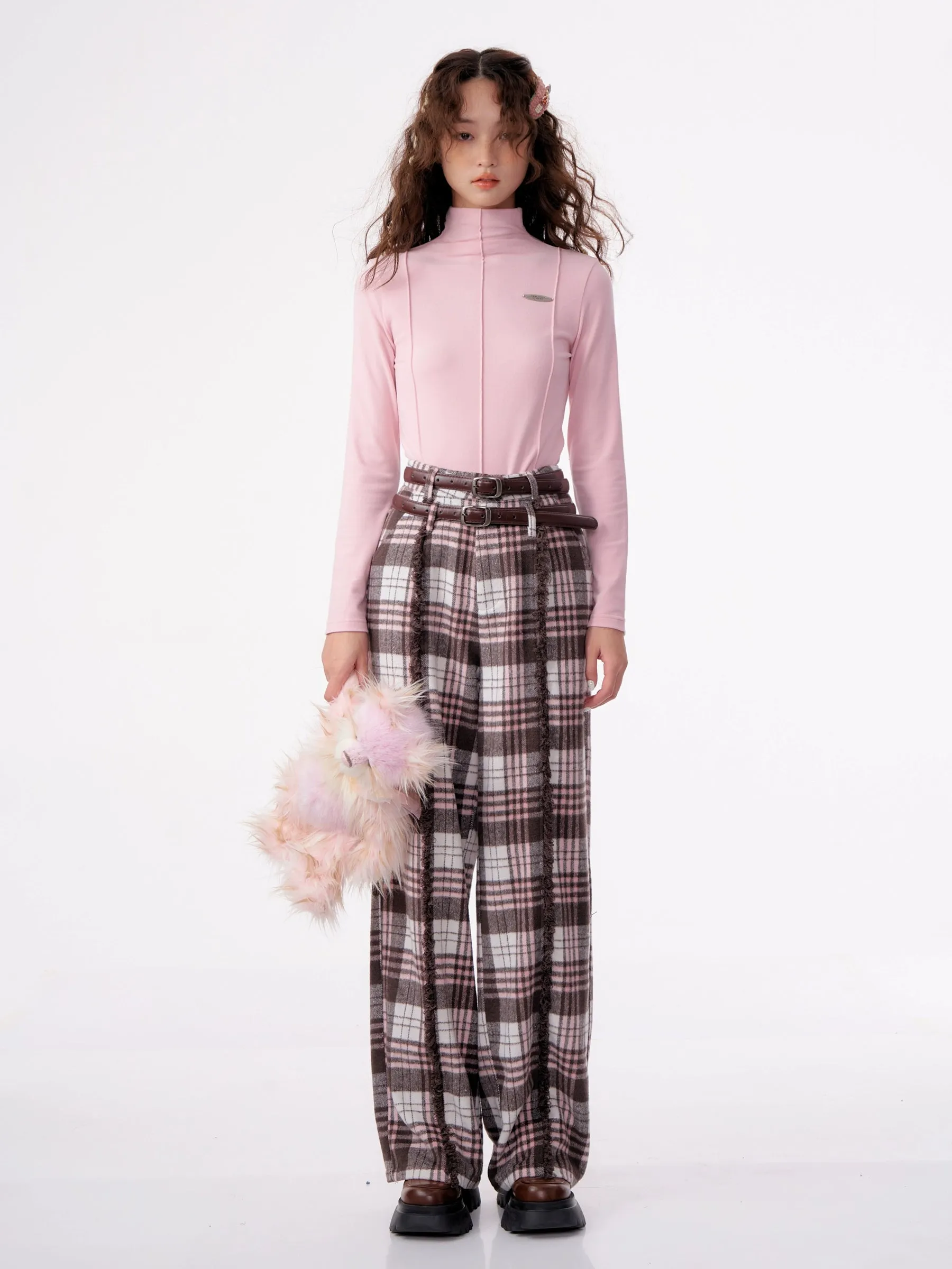 High Waist Slim Straight Leg Tweed Pants
