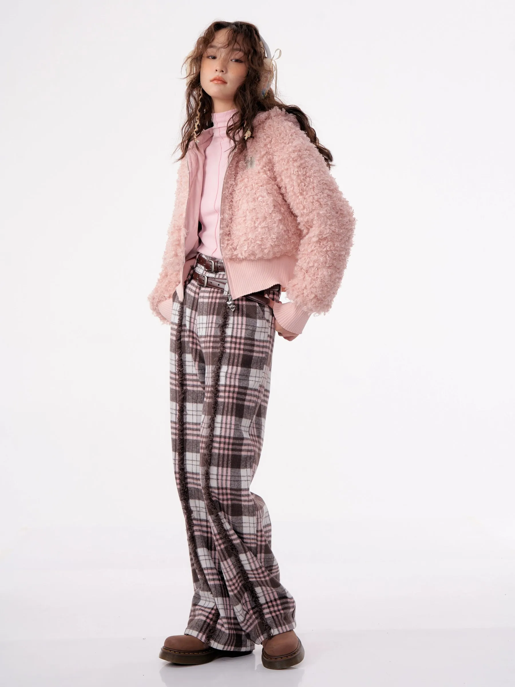 High Waist Slim Straight Leg Tweed Pants
