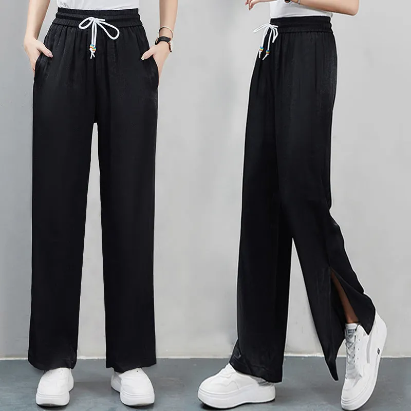 Ice Silk Denim Pants Women Summer Cooling High Waist Straight Ultra-Thin Drape Loose Wide Leg Pants Floor Length Long Pants