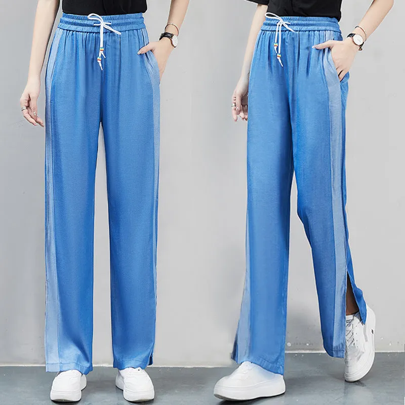 Ice Silk Denim Pants Women Summer Cooling High Waist Straight Ultra-Thin Drape Loose Wide Leg Pants Floor Length Long Pants