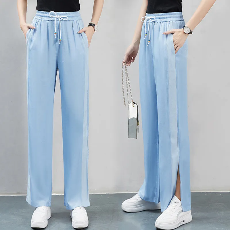 Ice Silk Denim Pants Women Summer Cooling High Waist Straight Ultra-Thin Drape Loose Wide Leg Pants Floor Length Long Pants