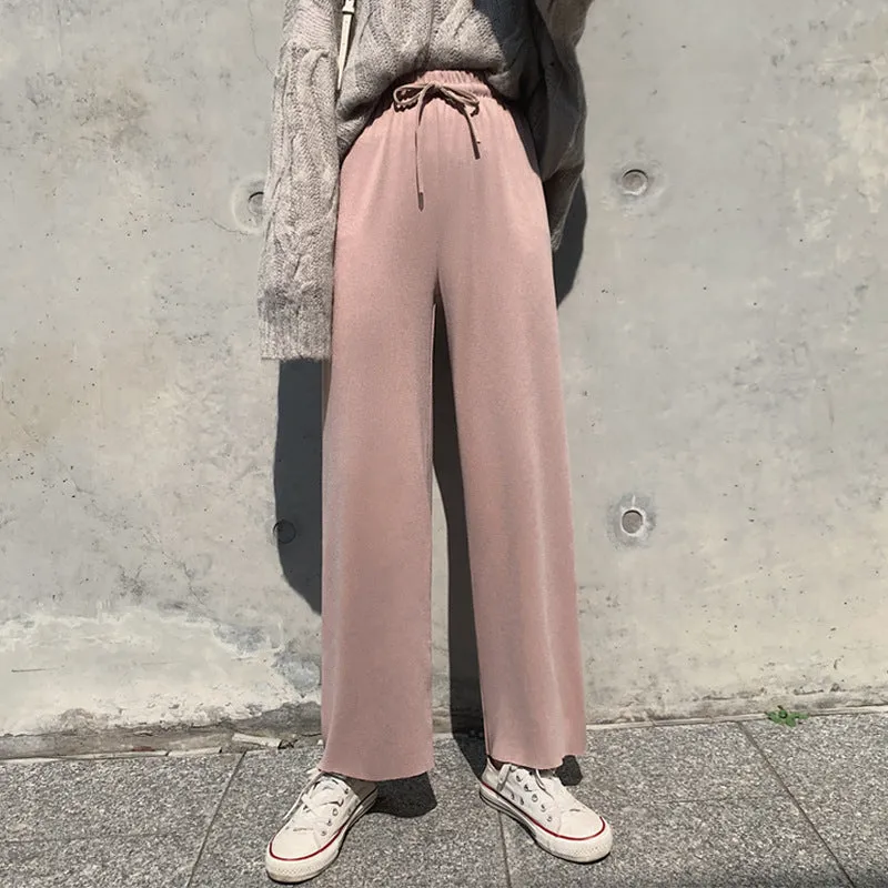 Ice Silk Wide Leg Pants Women Drape Knitted High Waist Loose Slim Look Thin Straight Jeans Floor Length Casual Pants