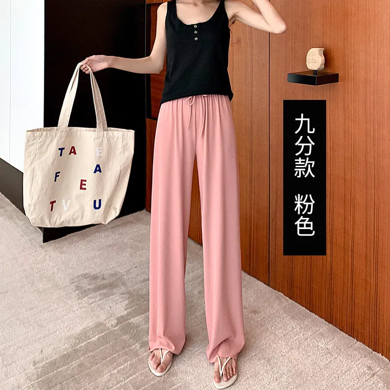 Ice Silk Wide Leg Pants Women Drape Knitted High Waist Loose Slim Look Thin Straight Jeans Floor Length Casual Pants