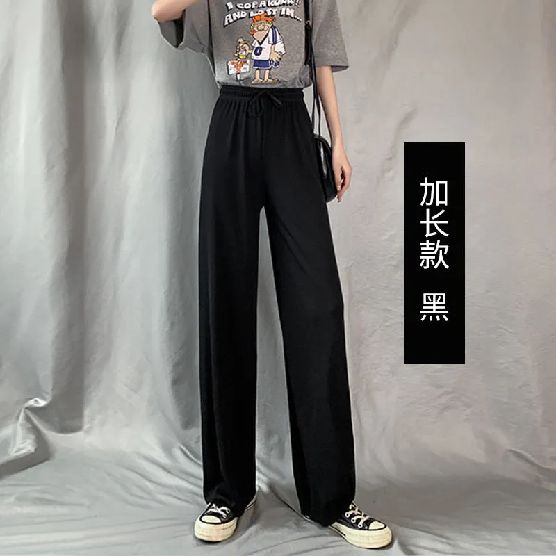 Ice Silk Wide Leg Pants Women Drape Knitted High Waist Loose Slim Look Thin Straight Jeans Floor Length Casual Pants