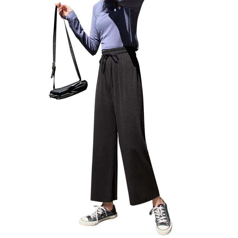 Ice Silk Wide Leg Pants Women Drape Knitted High Waist Loose Slim Look Thin Straight Jeans Floor Length Casual Pants