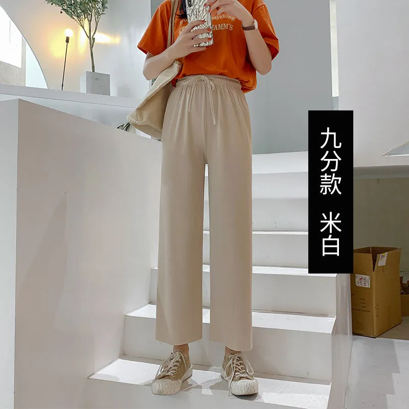 Ice Silk Wide Leg Pants Women Drape Knitted High Waist Loose Slim Look Thin Straight Jeans Floor Length Casual Pants