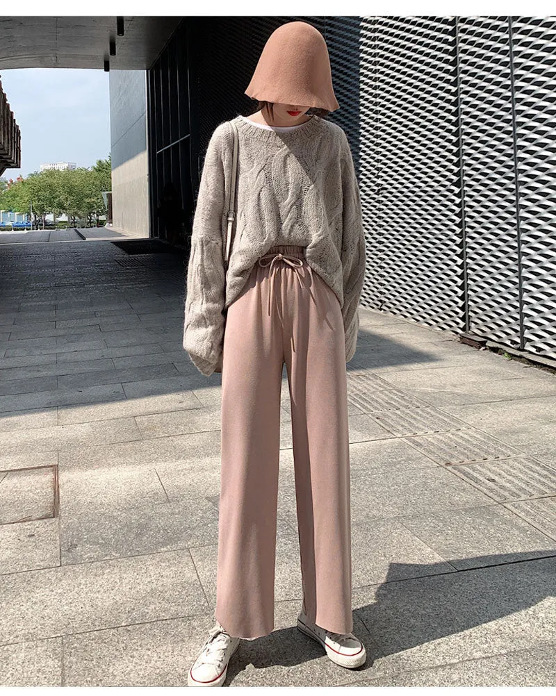 Ice Silk Wide Leg Pants Women Drape Knitted High Waist Loose Slim Look Thin Straight Jeans Floor Length Casual Pants