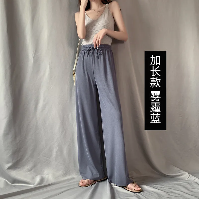Ice Silk Wide Leg Pants Women Drape Knitted High Waist Loose Slim Look Thin Straight Jeans Floor Length Casual Pants
