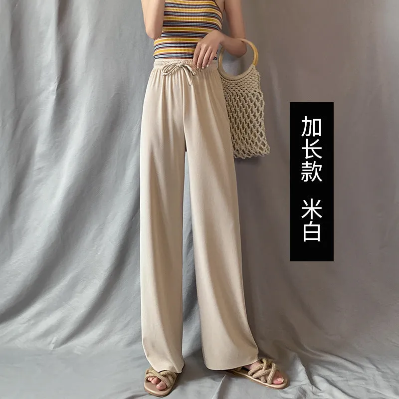 Ice Silk Wide Leg Pants Women Drape Knitted High Waist Loose Slim Look Thin Straight Jeans Floor Length Casual Pants