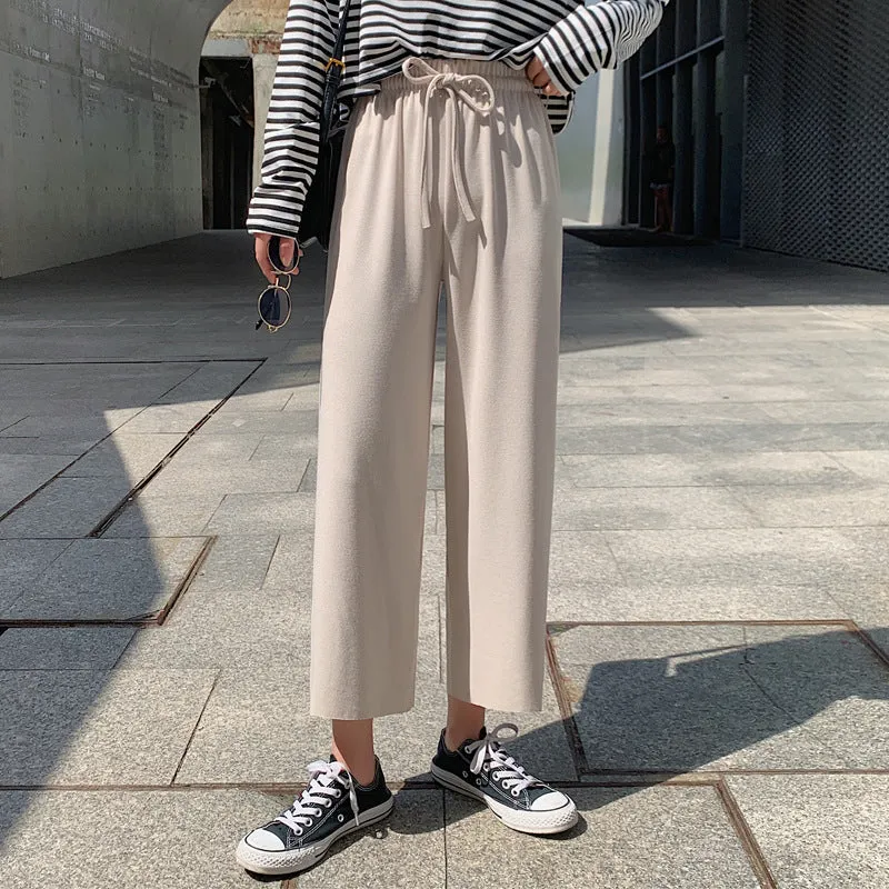 Ice Silk Wide Leg Pants Women Drape Knitted High Waist Loose Slim Look Thin Straight Jeans Floor Length Casual Pants
