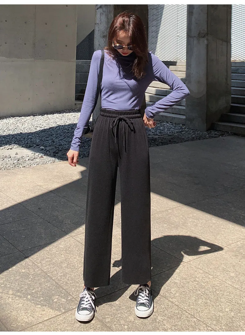 Ice Silk Wide Leg Pants Women Drape Knitted High Waist Loose Slim Look Thin Straight Jeans Floor Length Casual Pants