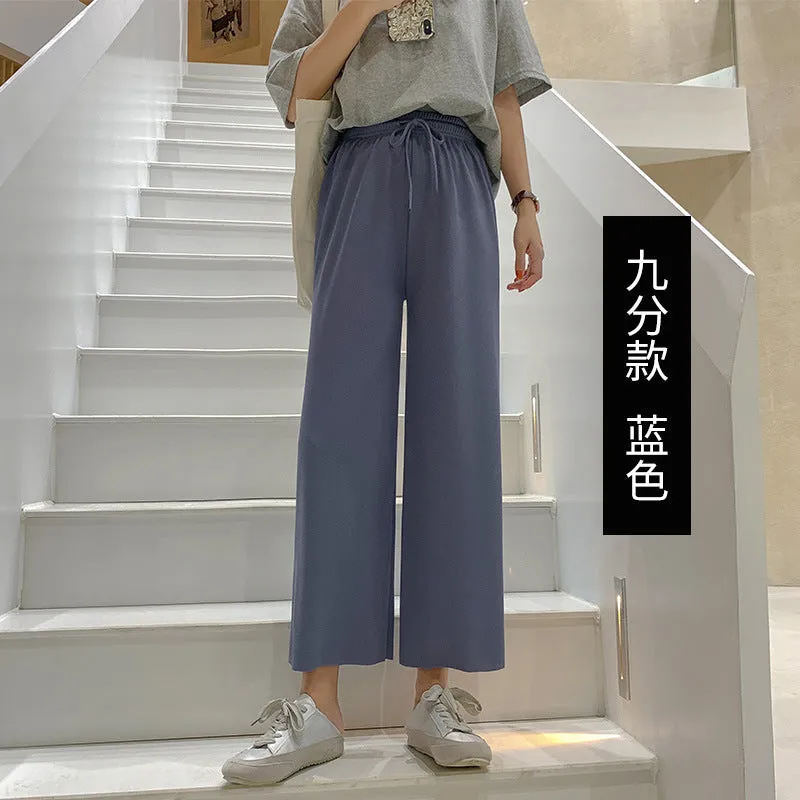 Ice Silk Wide Leg Pants Women Drape Knitted High Waist Loose Slim Look Thin Straight Jeans Floor Length Casual Pants