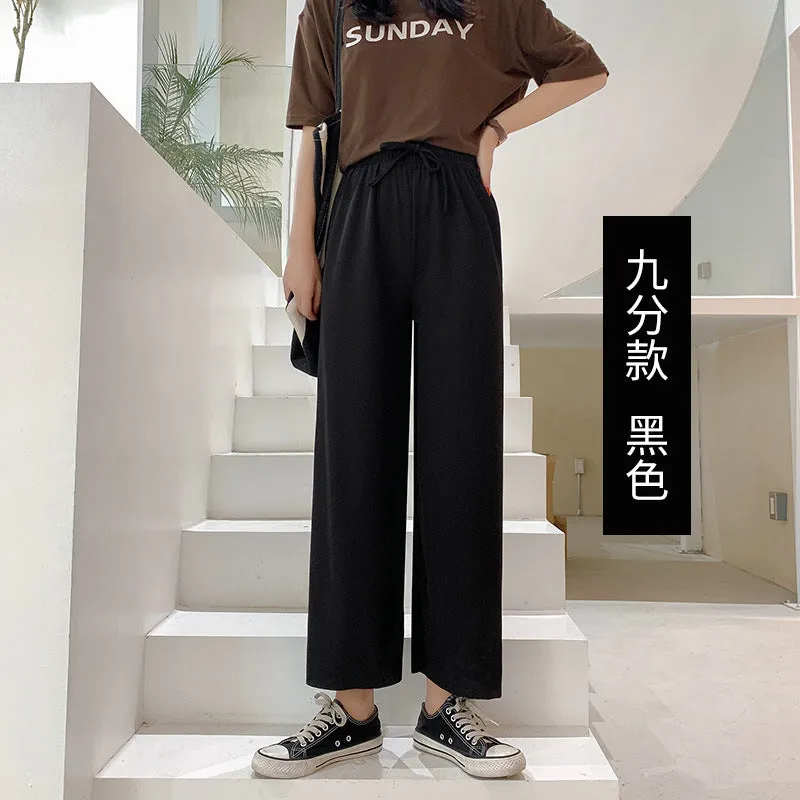 Ice Silk Wide Leg Pants Women Drape Knitted High Waist Loose Slim Look Thin Straight Jeans Floor Length Casual Pants