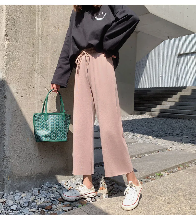 Ice Silk Wide Leg Pants Women Drape Knitted High Waist Loose Slim Look Thin Straight Jeans Floor Length Casual Pants