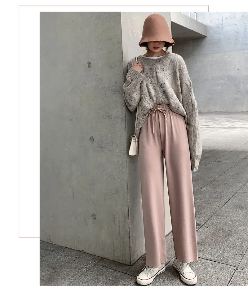 Ice Silk Wide Leg Pants Women Drape Knitted High Waist Loose Slim Look Thin Straight Jeans Floor Length Casual Pants