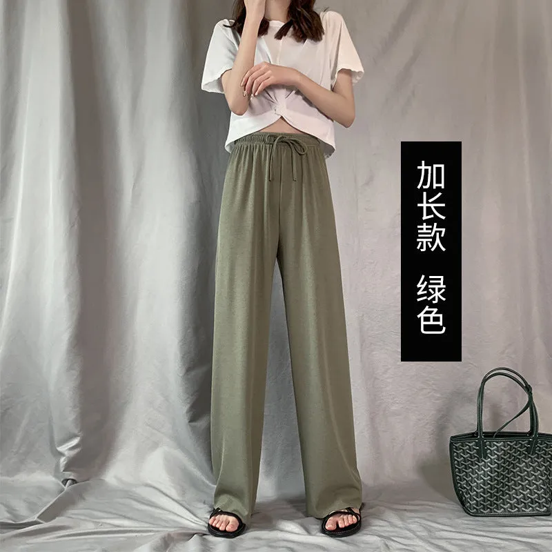 Ice Silk Wide Leg Pants Women Drape Knitted High Waist Loose Slim Look Thin Straight Jeans Floor Length Casual Pants