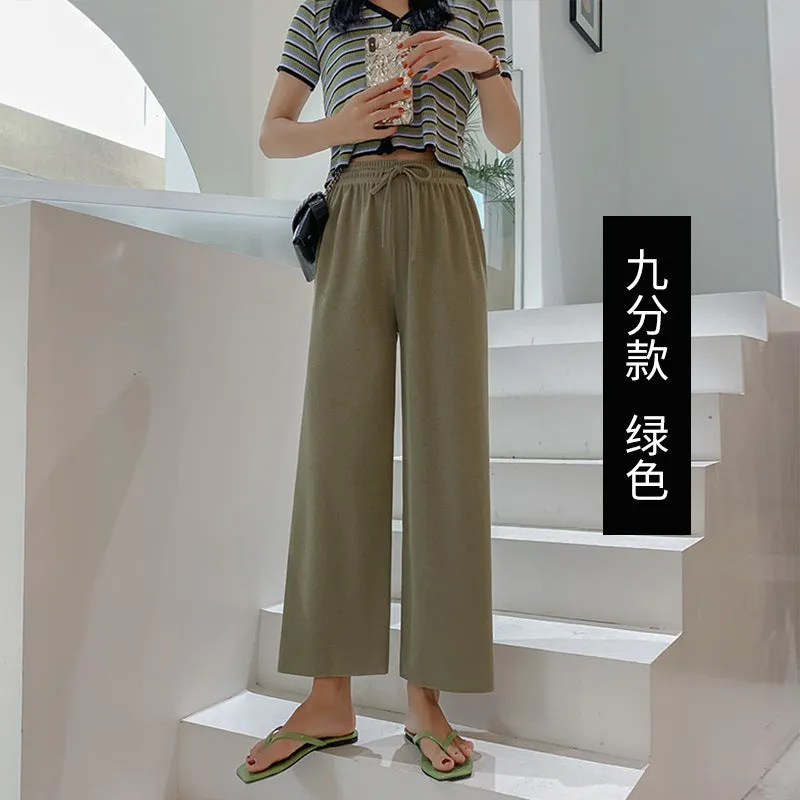 Ice Silk Wide Leg Pants Women Drape Knitted High Waist Loose Slim Look Thin Straight Jeans Floor Length Casual Pants