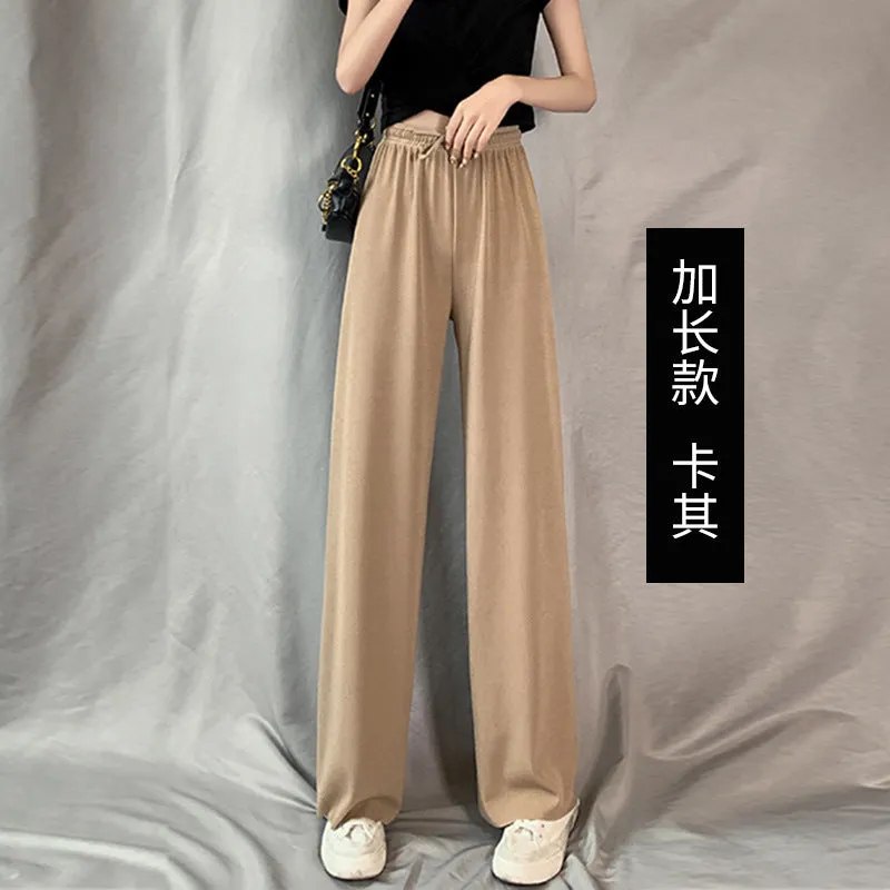 Ice Silk Wide Leg Pants Women Drape Knitted High Waist Loose Slim Look Thin Straight Jeans Floor Length Casual Pants