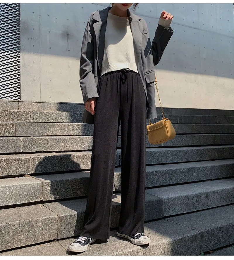 Ice Silk Wide Leg Pants Women Drape Knitted High Waist Loose Slim Look Thin Straight Jeans Floor Length Casual Pants