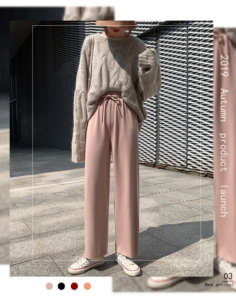 Ice Silk Wide Leg Pants Women Drape Knitted High Waist Loose Slim Look Thin Straight Jeans Floor Length Casual Pants