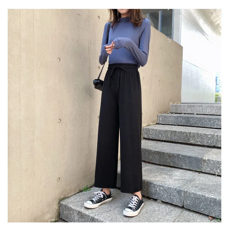 Ice Silk Wide Leg Pants Women Drape Knitted High Waist Loose Slim Look Thin Straight Jeans Floor Length Casual Pants