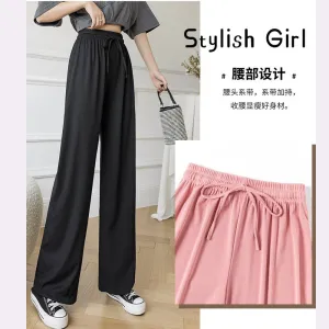 Ice Silk Wide Leg Pants Women Summer Korean Student High Waist Loose Floor Length Slim Look Casual Pants