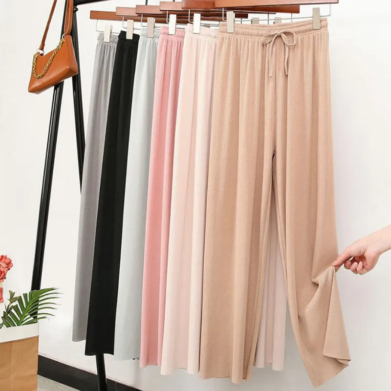 Ice Silk Wide Leg Pants Women Summer Loose Plus Size Slim Look High Waist Drape Long Straight Casual Pants
