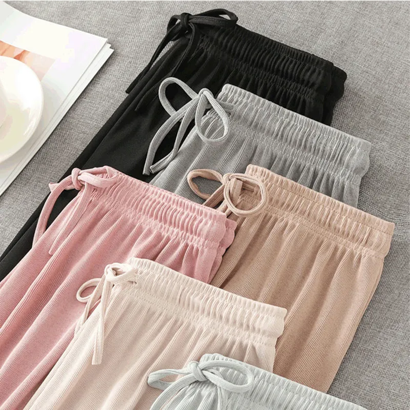Ice Silk Wide Leg Pants Women Summer Loose Plus Size Slim Look High Waist Drape Long Straight Casual Pants