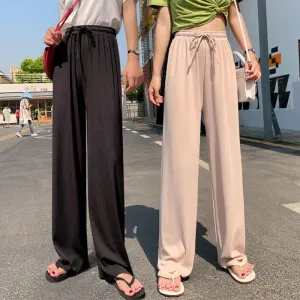 Ice Silk Wide Leg Pants Women Summer Loose Plus Size Slim Look High Waist Drape Long Straight Casual Pants