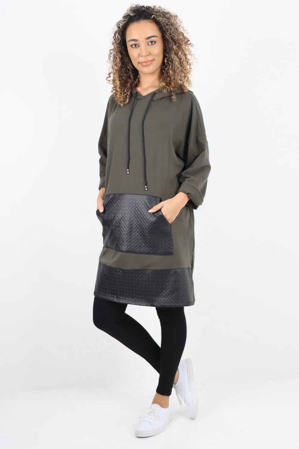 Italian PU Leather Pockets Hooded Tunic Top
