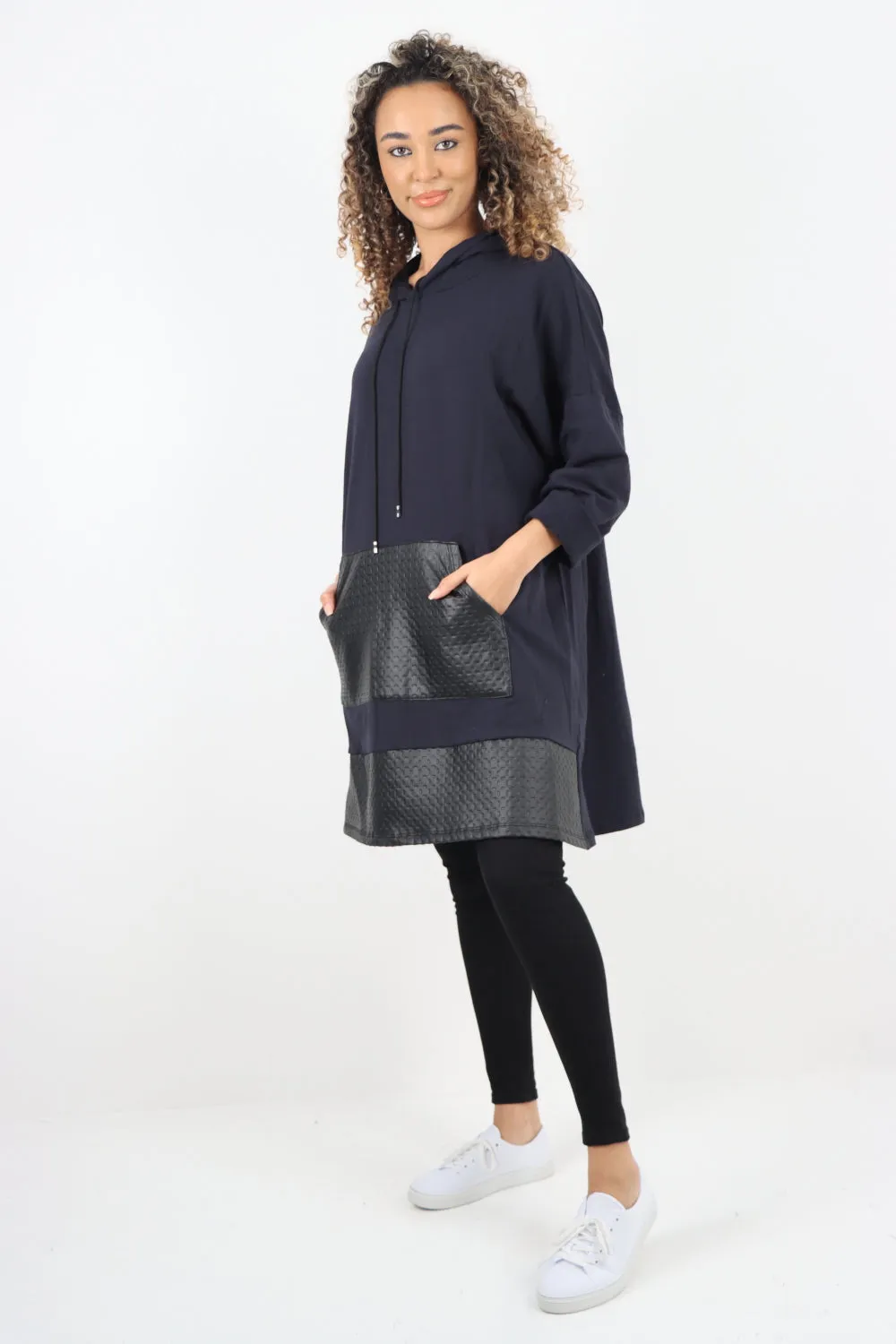 Italian PU Leather Pockets Hooded Tunic Top