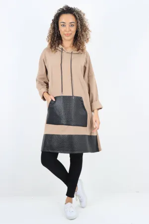 Italian PU Leather Pockets Hooded Tunic Top