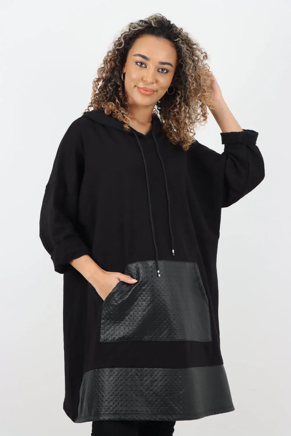 Italian PU Leather Pockets Hooded Tunic Top