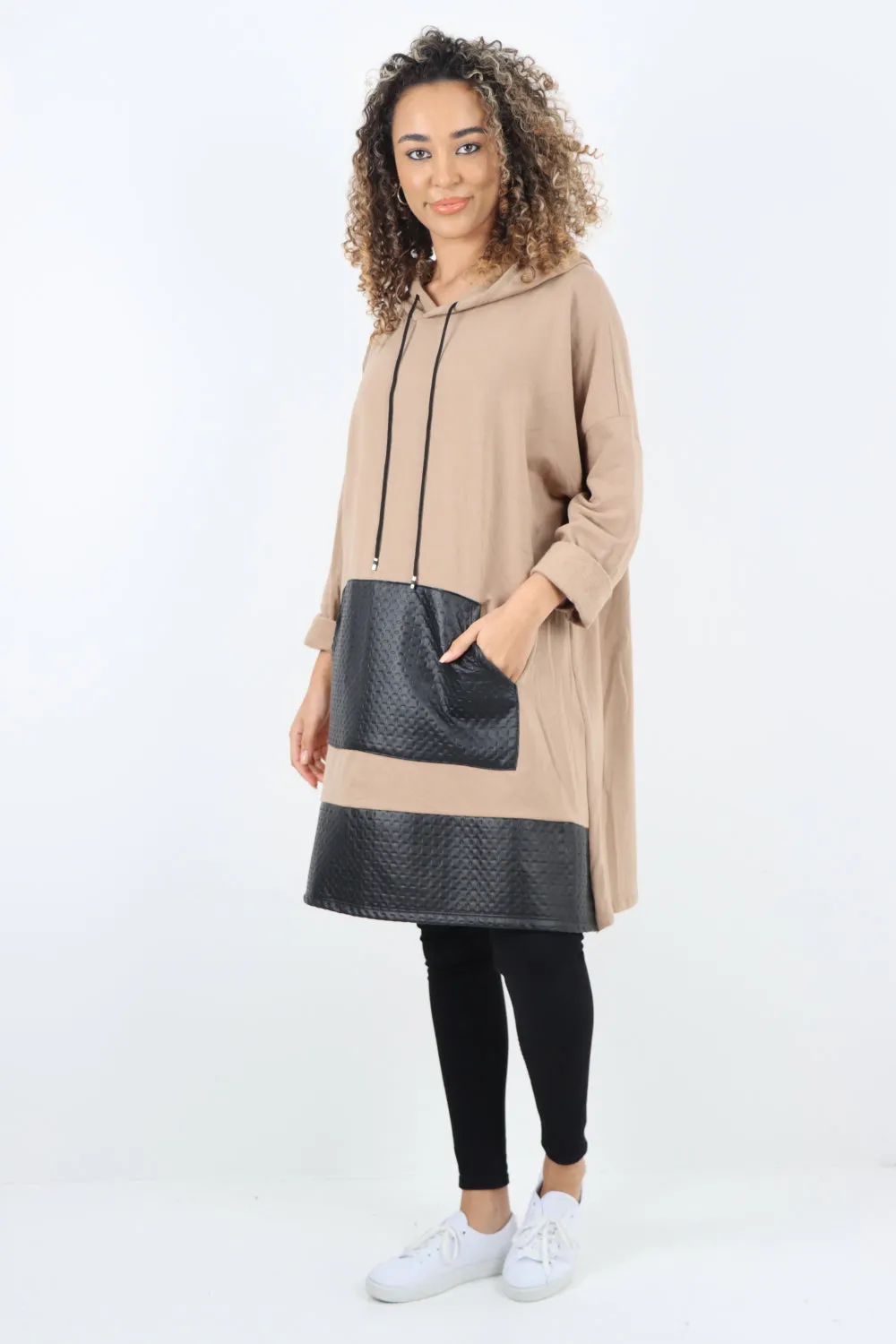 Italian PU Leather Pockets Hooded Tunic Top