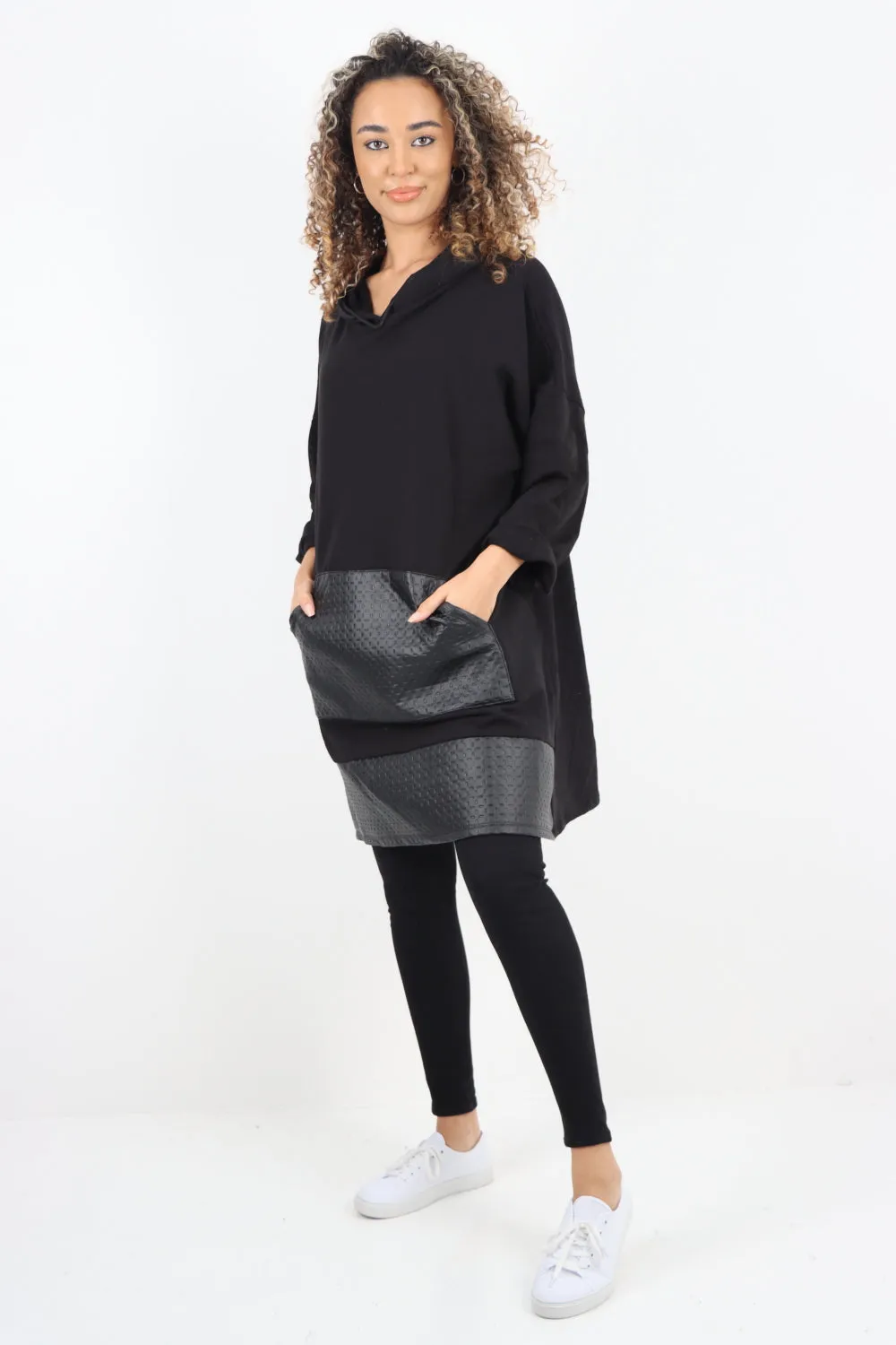 Italian PU Leather Pockets Hooded Tunic Top