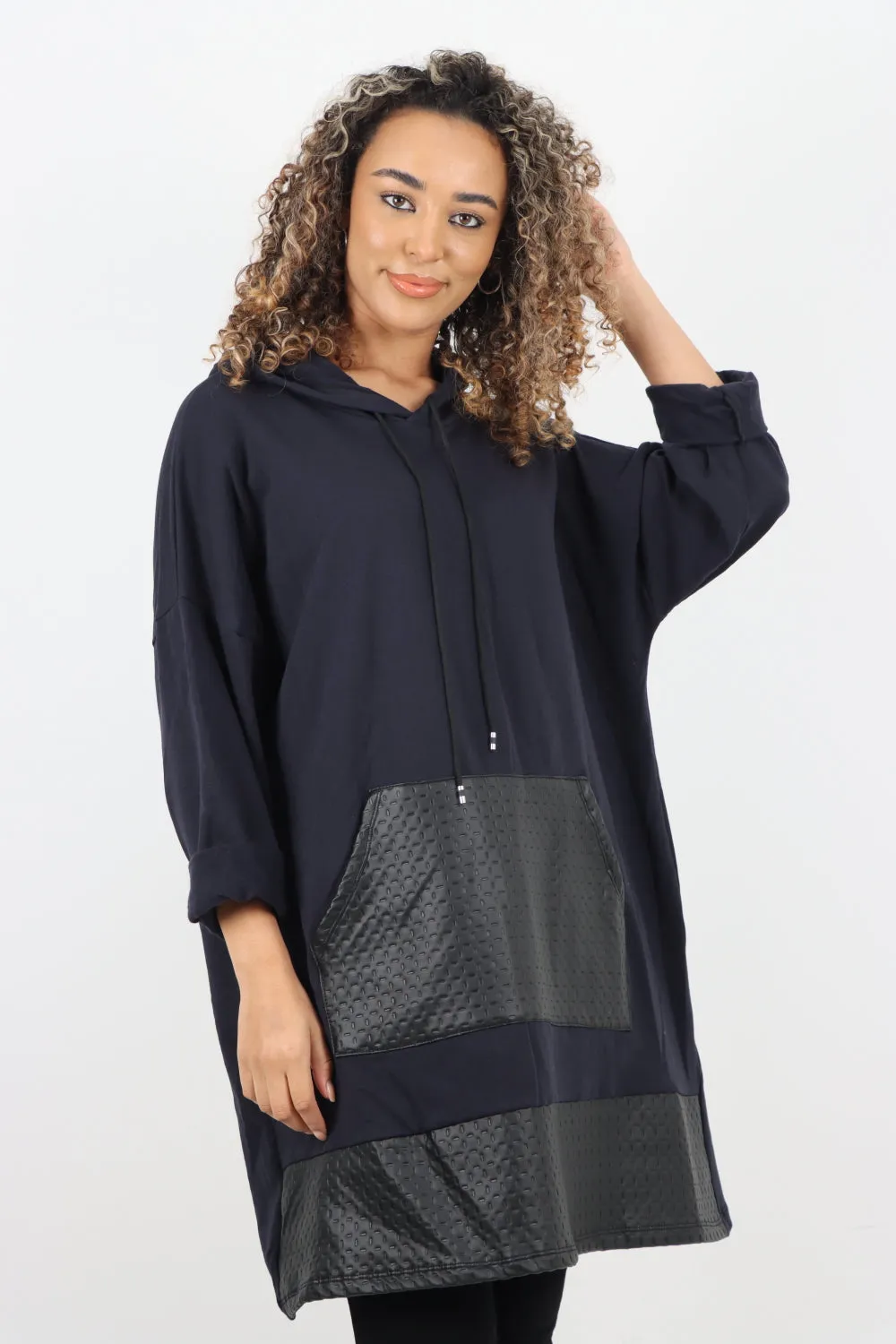 Italian PU Leather Pockets Hooded Tunic Top