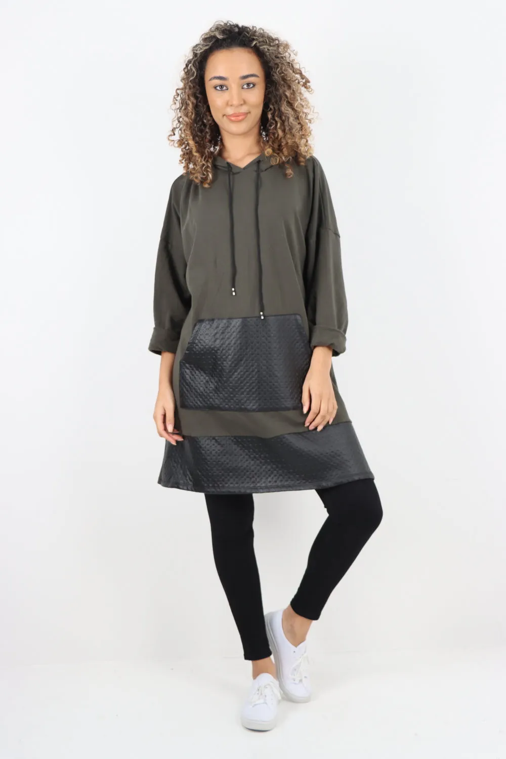 Italian PU Leather Pockets Hooded Tunic Top