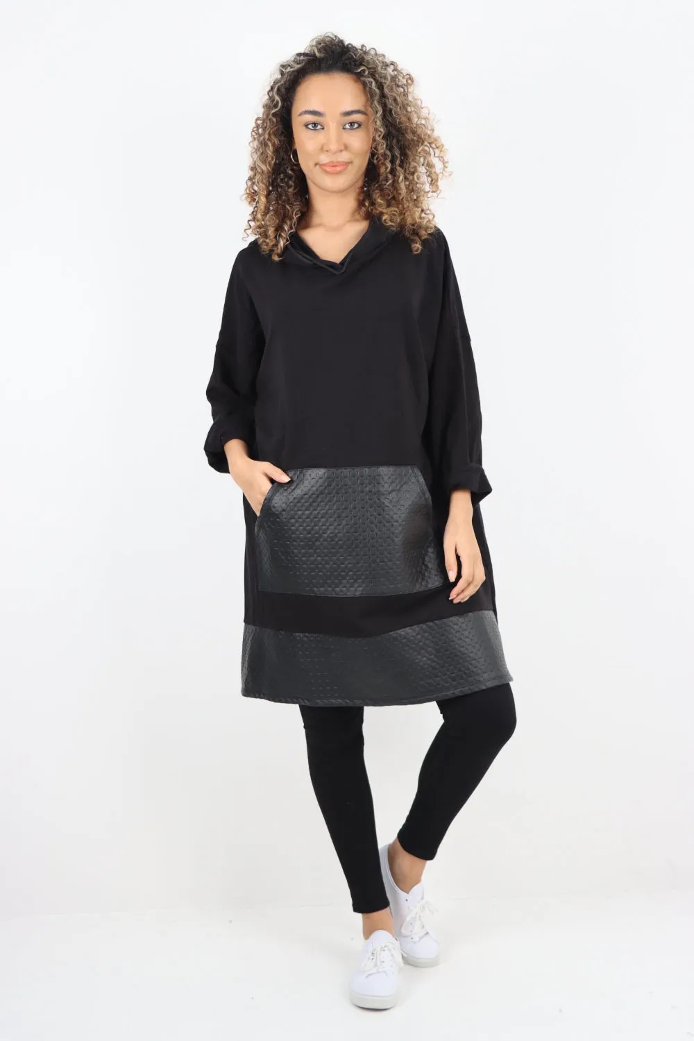 Italian PU Leather Pockets Hooded Tunic Top
