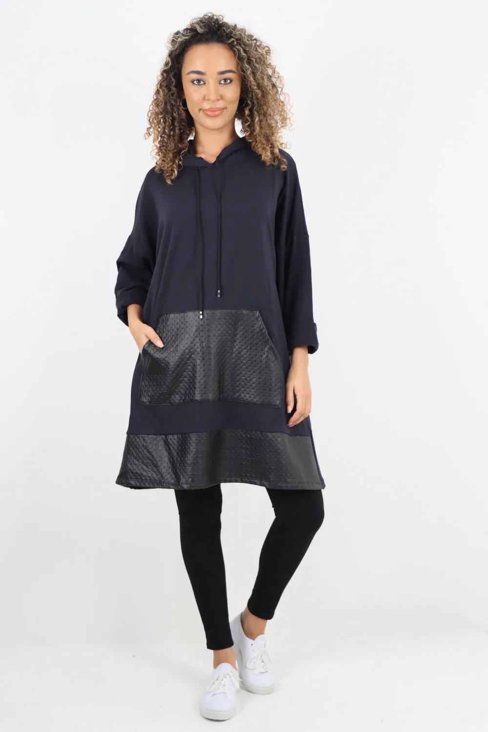 Italian PU Leather Pockets Hooded Tunic Top