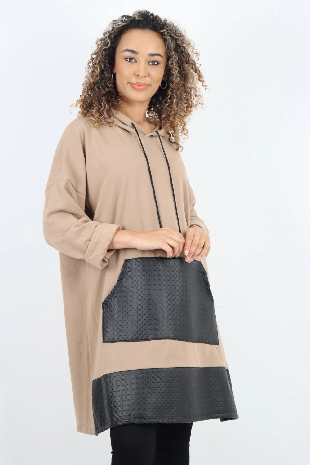 Italian PU Leather Pockets Hooded Tunic Top