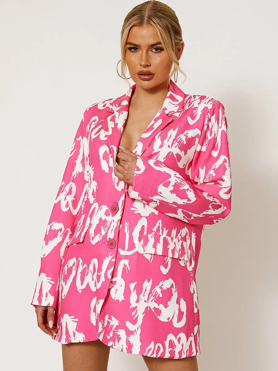 Kayla Graffiti Print Oversized Blazer Dress In Pink
