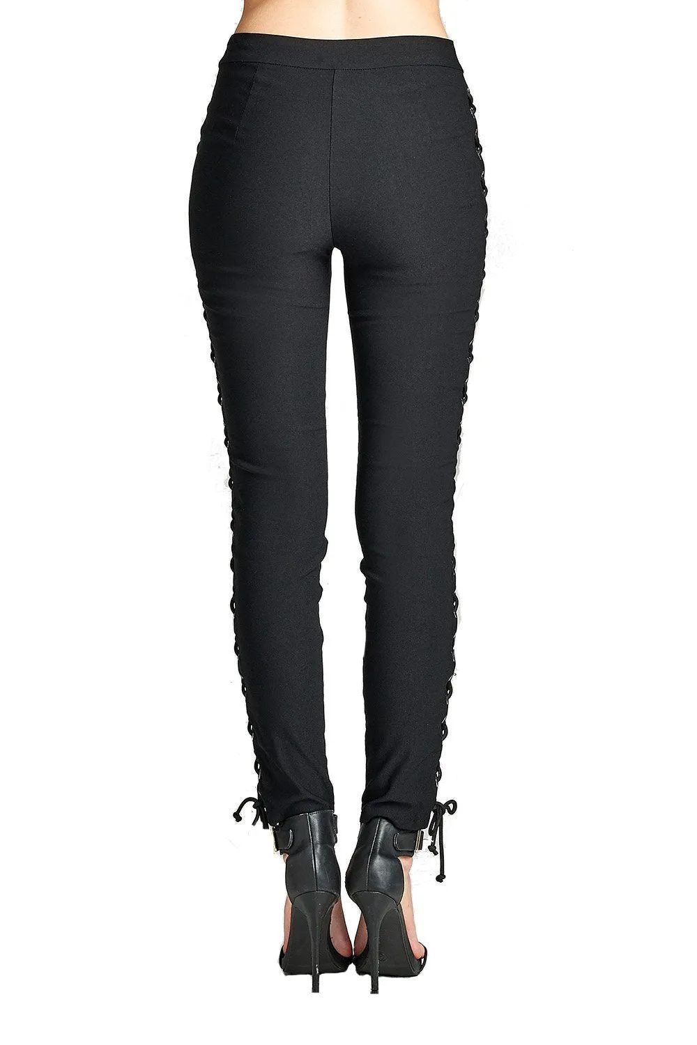 Khanomak Plain Stretch High Rise Waist Side Lace Up Front Single Button Long Skinny Legging Pants