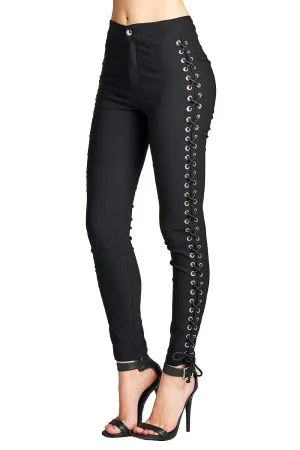 Khanomak Plain Stretch High Rise Waist Side Lace Up Front Single Button Long Skinny Legging Pants
