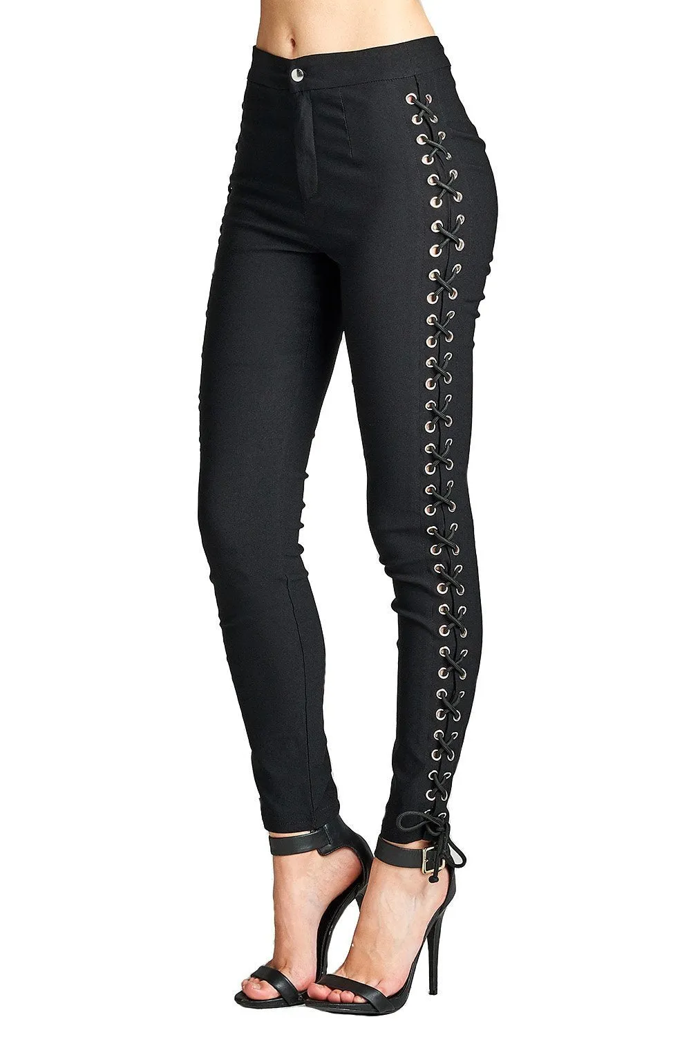 Khanomak Plain Stretch High Rise Waist Side Lace Up Front Single Button Long Skinny Legging Pants