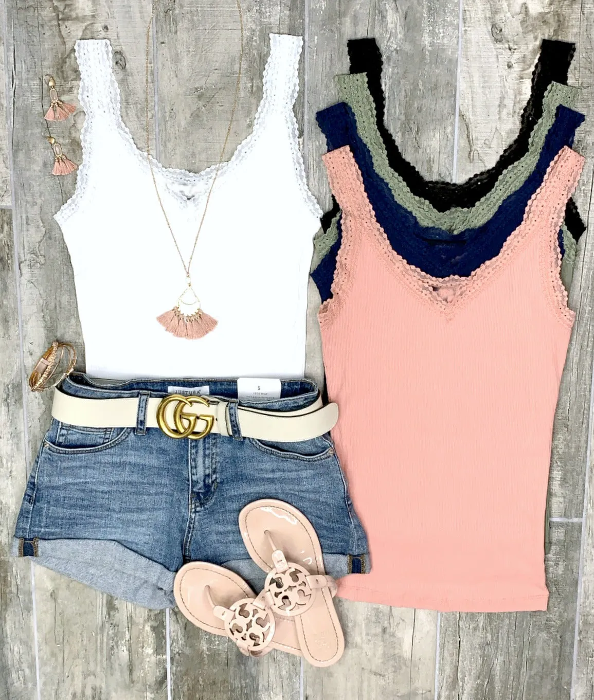 Lace Ribbed V-Neck Tank